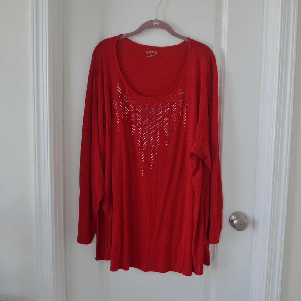 Red Rhinestone Embellished Neck Long Sleeve Top